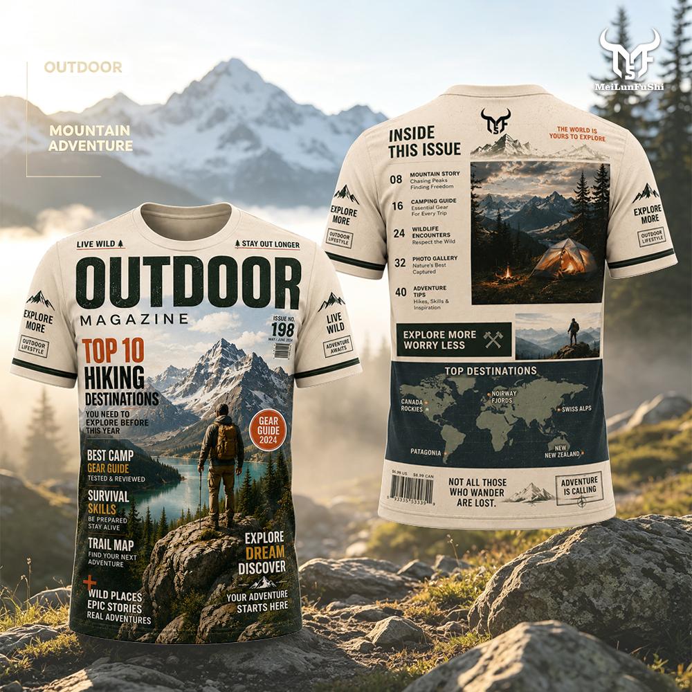 Outdoor Adventure Magazines - Koszulka z nadrukiem w stylu magazynowym,